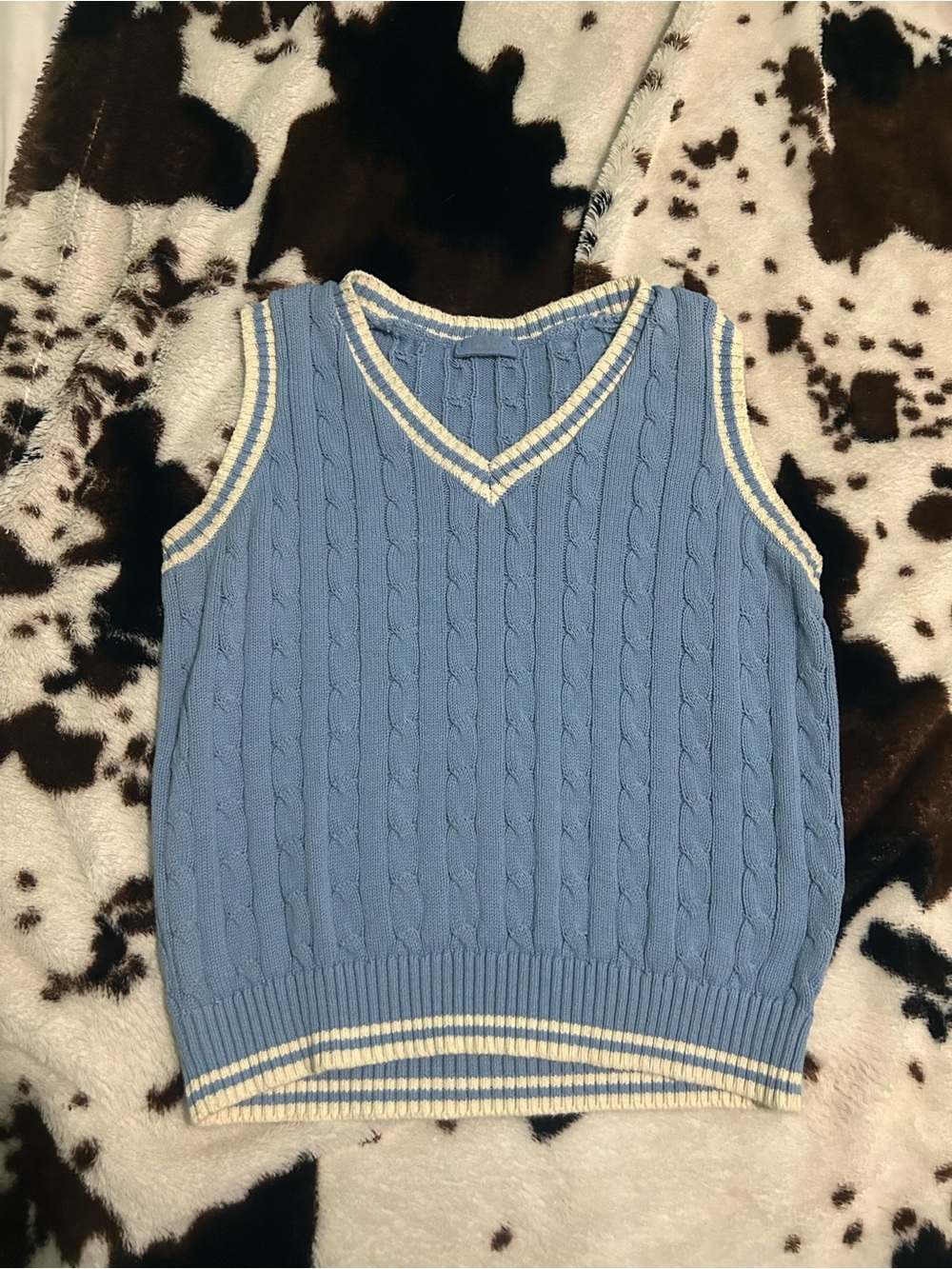 Blue Cable-Knit V-Neck Sweater Vest with Cream Trim